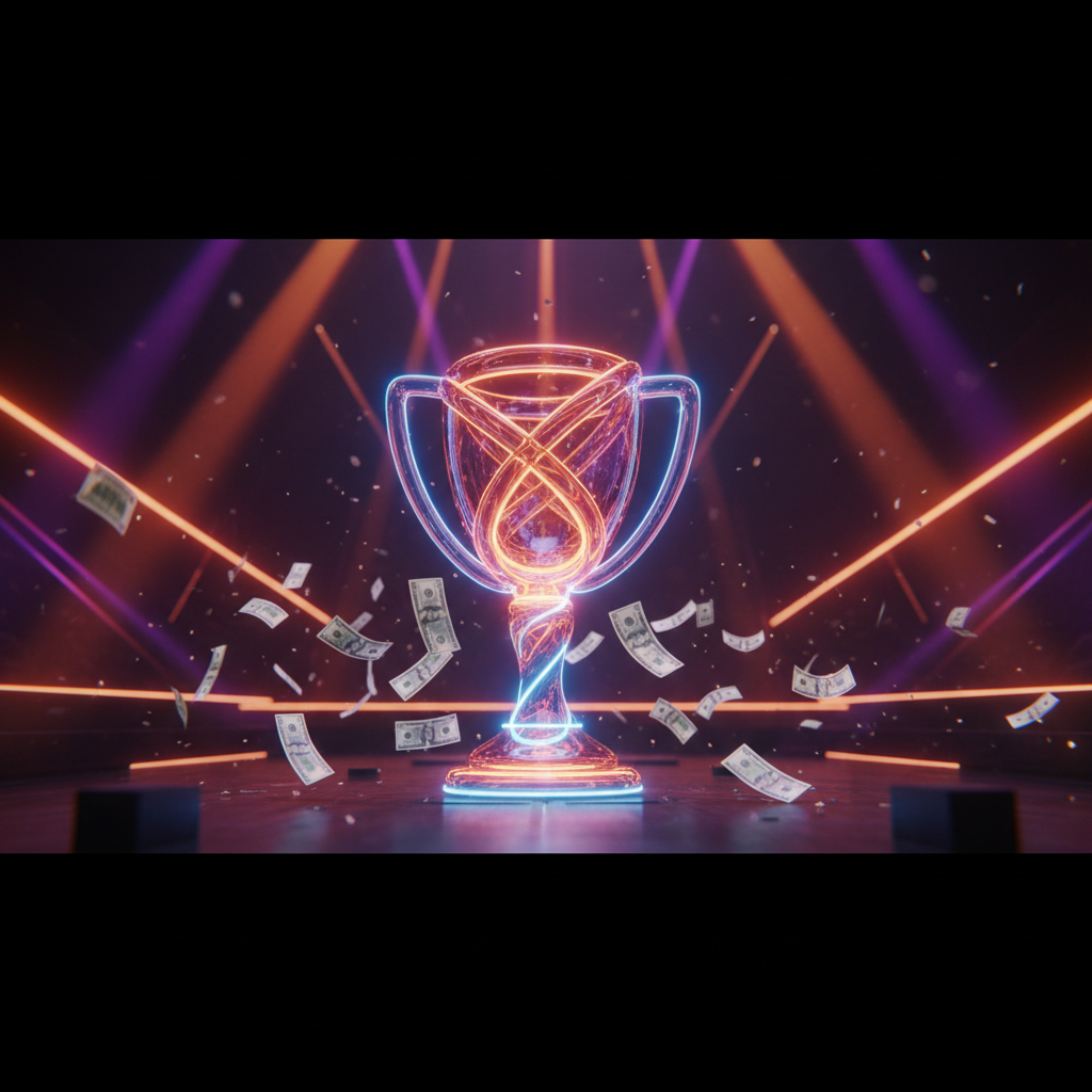 Glowing neon trophy with prize money