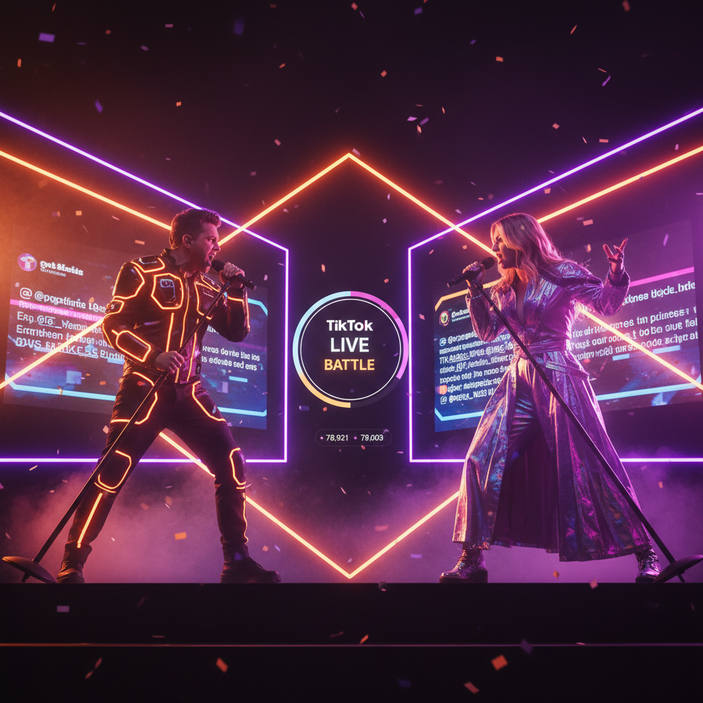 Two singers competing on stage with dramatic neon lighting